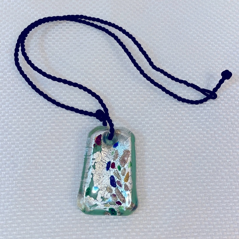 Kalifano-Murano Art Glass Necklace Pendant Foil Green Rectangle Black Cord